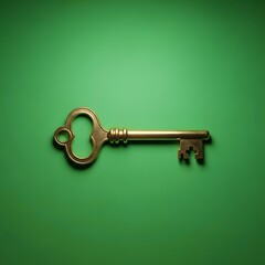 A vintage brass key with a unique heart-shaped bow placed on a vibrant green background, symbolizing access, security, or unlocking potential