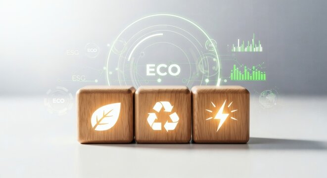 Eco sustainability concept – Wooden blocks with environmental icons – Highlighted eco set
