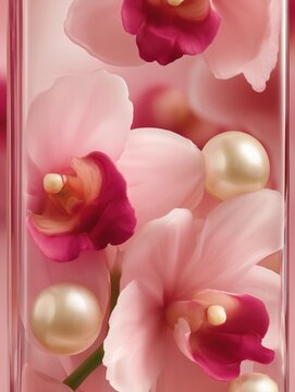 Elegant composition of pastel pink orchids and lustrous pearls floating, capturing the essence of luxury. 
