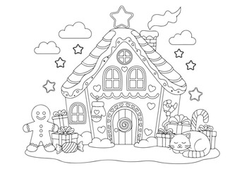 Cute Christmas gingerbread house with a sleeping cat and gifts, a festive winter holiday coloring book page for kids and adults