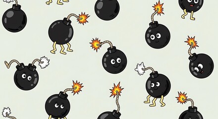 Cartoon bombs with faces and legs dance and stand on a light background.