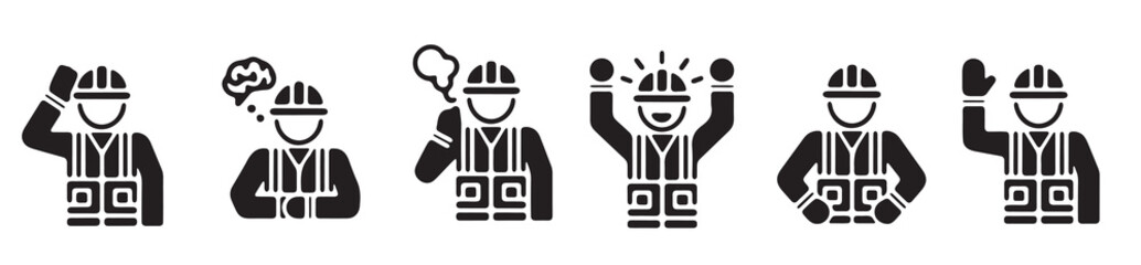 Construction Worker Icons Showing Various Emotions and Actions