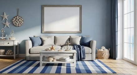 Elegant coastal living room with nautical decor accents and bright natural light