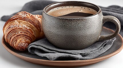 Shadow-free hyper-real coffee & croissant on pure white: e-commerce SKU hero, delivery menu, drink poster, social breakfast promo with easy isolation