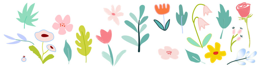 Flower crayon watercolor spring floral set. Hand drawn pastel crayon flower, leaf, plant with chalk texture. Cute nature background for kid, garden doodle abstract floral background with flowers