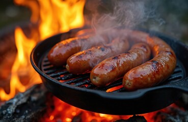 Sausages sizzle in cast iron pan over open campfire flames. Close up grilling food outdoors. Smoke rises from meat cooking on embers during night camping trip.