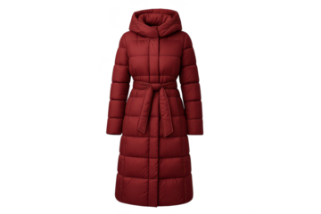 Stylish long red puffer coat with hood and belt, isolated on transparent background