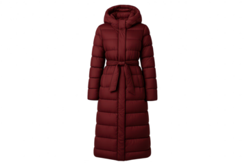 Long maroon puffer coat with belt and hood on transparent background