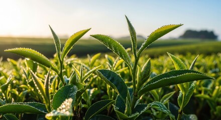 Green tea leaves with morning dew and field in the background