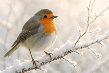 European robin perched on a frosted branch, warm morning glow on orange breast; gentle winter nature scene — generative AI
