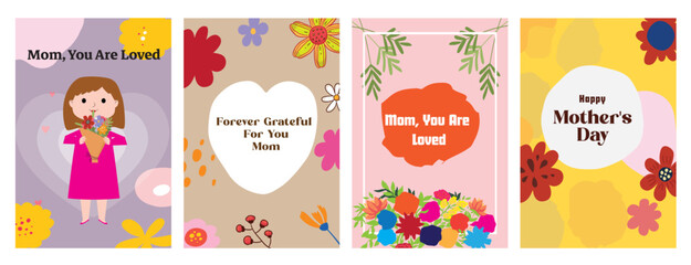 Mother’s Day Greeting Card Set – Cute Illustration & Floral Vector Designs