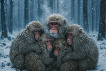 Obraz premium Huddled family of snow monkeys embracing in falling snow in forest, warmth and protection in harsh winter landscape, generative AI