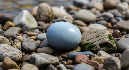 A smooth, light blue stone resting among various other rocks and pebbles on a natural shoreline surface