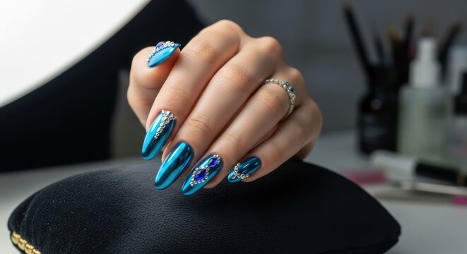 Hand with bright blue, jeweled nails on black cushion; ring visible