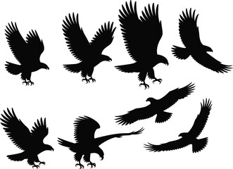 Eagle Silhouettes – Flying and Landing Poses in Black