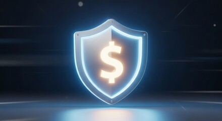 A futuristic shield with a glowing dollar sign representing secure investments, financial safety, and fintech innovation