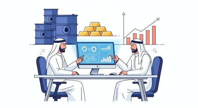 Businessmen Analyzing Financial Data on Computer in Office with Graphs and Gold Bars - Powered by Adobe