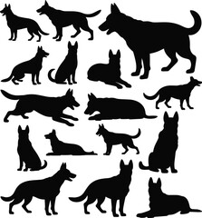 German Shepherd Dog Silhouettes – Standing, Sitting, Running, and Lying Poses