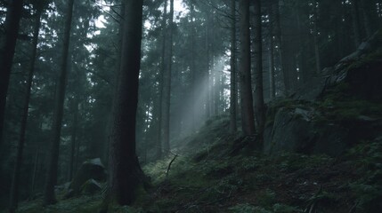 Obraz premium Dark forest with sunbeam shining through misty evergreen trees and dense woods creating a mysterious, peaceful atmosphere