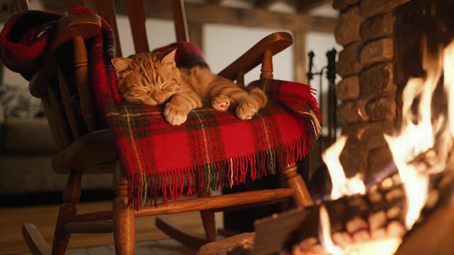 Ginger fluffy cat sleeping on a rocking chair by the fireplace in winter  