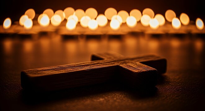 Wooden Cross Candle Holder with Warm Candlelight and Bokeh Background