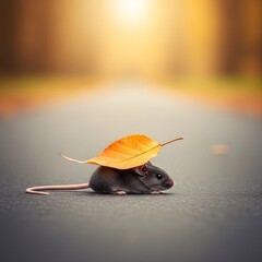A small mouse with a large autumn leaf on its back walking on a paved path during sunset in a park setting