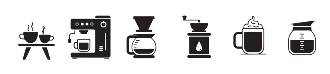 Collection of Black and White Coffee Making Equipment Icons