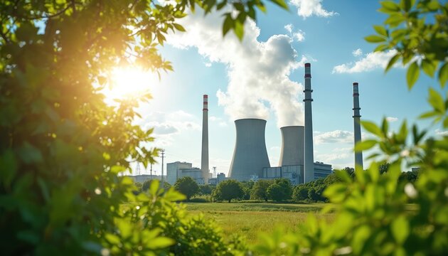 Industrial power plant with cooling towers and tall chimneys emitting steam. Green foliage frames the scene under a bright sunny sky. Nature contrasts with large scale energy production. - Powered by Adobe
