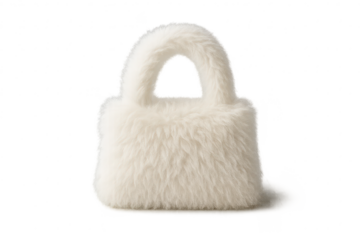 Elegant white faux fur handbag isolated on a transparent background, fluffy