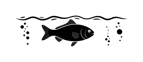 Black Silhouette of a Fish Swimming Underwater with Bubbles and Waves