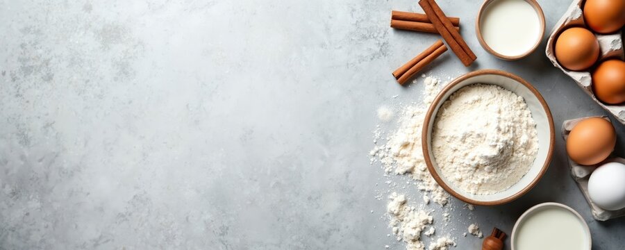 Flat lay arrangement of baking ingredients flour, eggs, milk, and cinnamon sticks. This overhead shot displays raw components for making sweets on a grey surface with copy space.