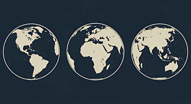 Three Globe Maps Showing Continents in Minimalist Black and White Style