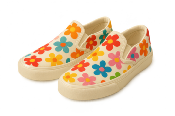 Pair of floral patterned slip-on shoes isolated on transparent background