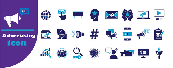 Marketing Tools, Audio Ads & Engagement Icons, Professional Blue Vector Collection, Email, Hashtag & Audience Interaction Icon, vector illustration EPS 10.