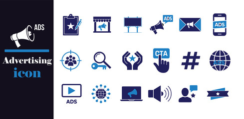 CTA, Search, Media Ads & Audience Icons, Professional Blue Vector Collection.