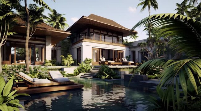 Luxurious tropical villa retreat featuring tranquil pool amidst lush greenery and architectural - Powered by Adobe
