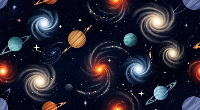 Seamless space pattern animation featuring planets, galaxies, and stars for cosmic themed visuals