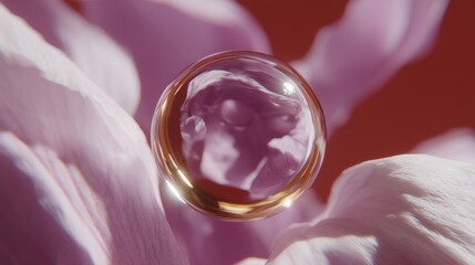 A mesmerizing macro-shot presents a glistening water droplet poised gracefully upon delicate petals, exuding an aura of serene and evocative charm.