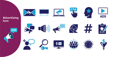 Digital Marketing & CTA Action Icons Set, Modern Blue Vector Collection, Email,Ads & Audience Targeting Icons, vector illustration EPS 10.