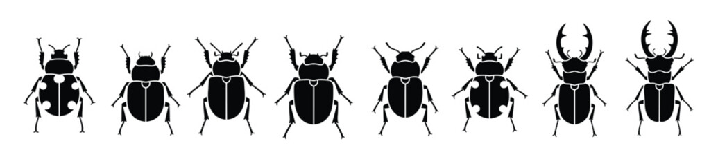 collection of isolated beetle silhouettes on white background
