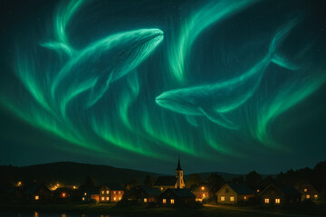 Magical northern lights shaped like giant whales swimming above quiet village houses at night, surreal fantasy sky over small town, generative AI