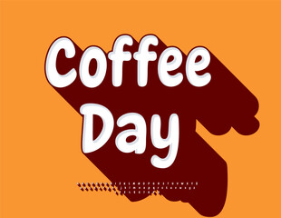 Vector Promo icon Coffee Day. Funny Unique 3D Font. Bright Handwritten Alphabet Letters and Numbers set.