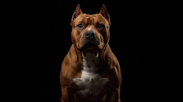Dramatic and intense studio portrait of a confident American Pit Bull Terrier on black background