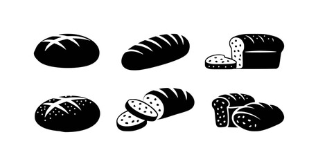 Collection of Black and White Bread Icons: Loaves, Sliced, and Round