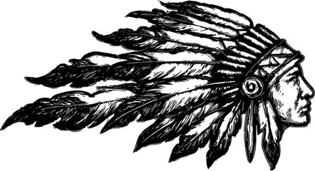 Profile of an Indian chief in vintage style. Engraved vector illustration featuring feathers and outline details in monochrome set.