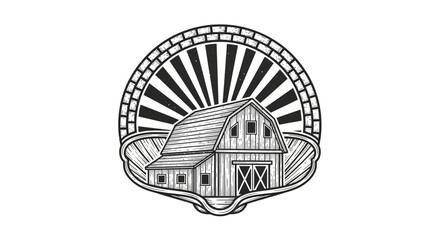 Detailed black and white illustration of a rustic wooden barn with radiating sun rays, framed by a decorative arch with brick and ornate elements, depicting a vintage farm scene.