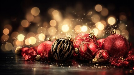 Christmas background with red ornaments, ribbons, and sparkling bokeh lights, perfect for holiday cards, greetings, invitations, and seasonal design projects.