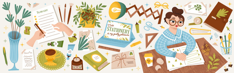 Cozy creative workspace illustration with stationery, notebooks, plants, brushes, laptop, coffee, and a girl journaling. Aesthetic design for craft hobby, home office, icons