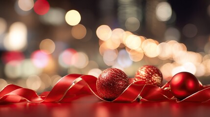 Christmas background with red ornaments, ribbons, and sparkling bokeh lights, perfect for holiday cards, greetings, invitations, and seasonal design projects.