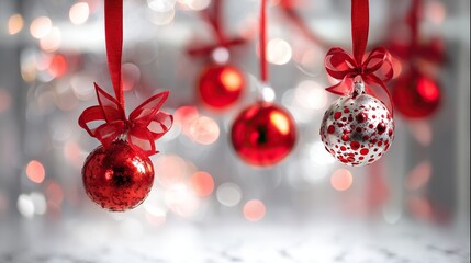 Christmas background with red ornaments, ribbons, and sparkling bokeh lights, perfect for holiday cards, greetings, invitations, and seasonal design projects.